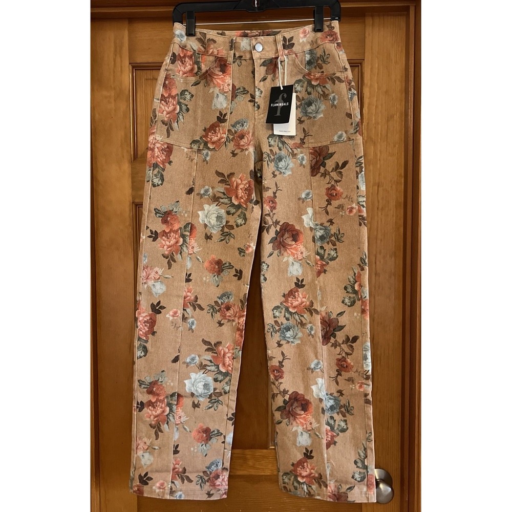 Flamingals Women's Floral Denim Straight Jeans Size Small